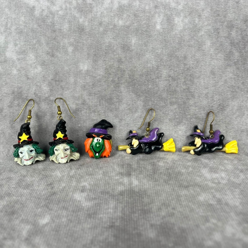 Vtg Halloween Witch Earrings & Button Cover Lot Whimsygoth Witchy Kitsch 90s Y2K